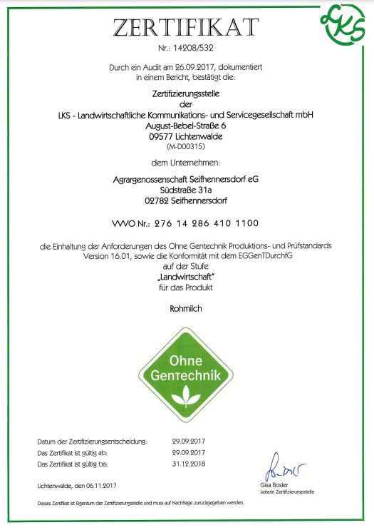Zertifikat Genfreie Rohmilch 2017/2018