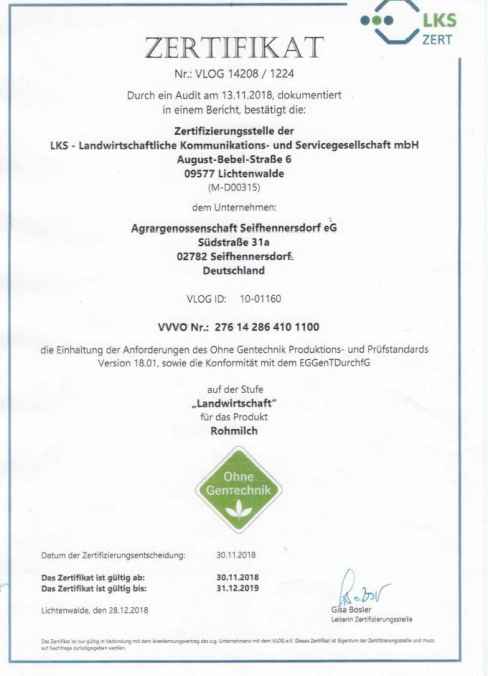 Zertifikat Genfreie Rohmilch 2018/2019