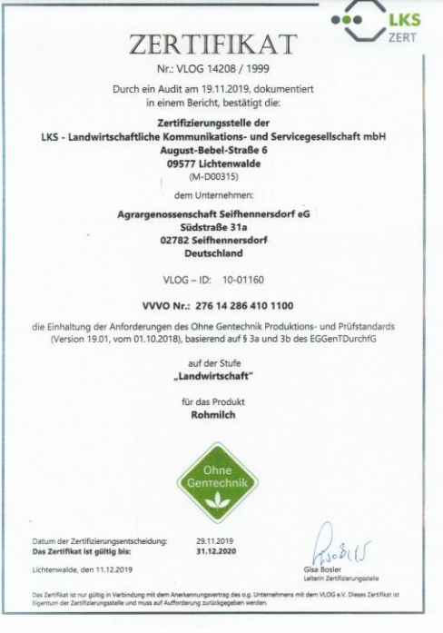 Zertifikat Genfreie Rohmilch 2019/2020