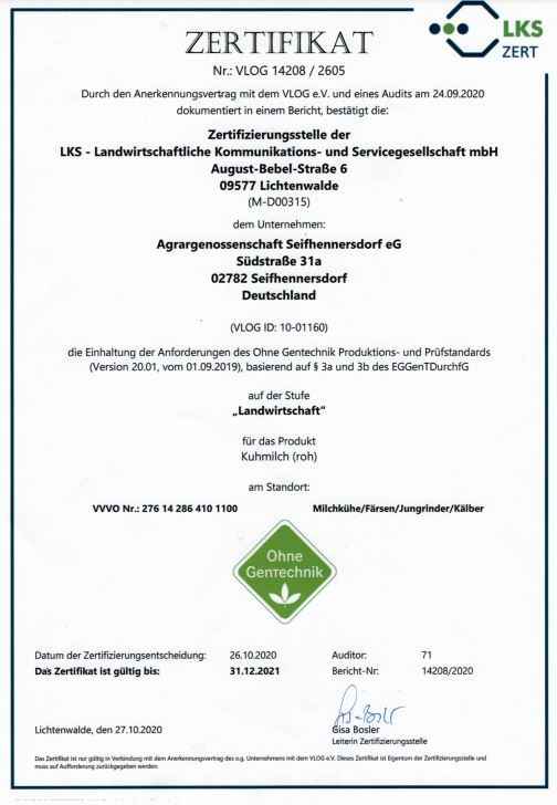 Zertifikat Genfreie Rohmilch 2020/2021