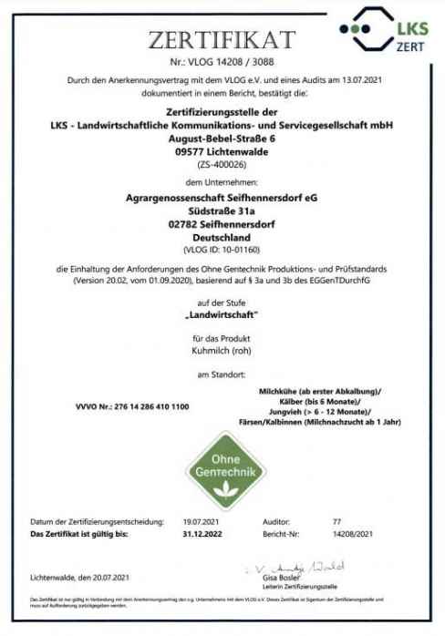 Zertifikat Genfreie Rohmilch 2021/2022