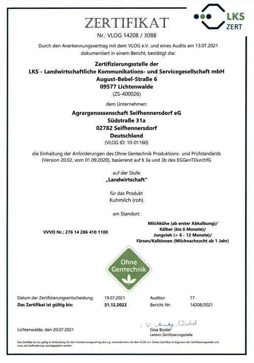 Zertifikat Genfreie Rohmilch 2021/2022